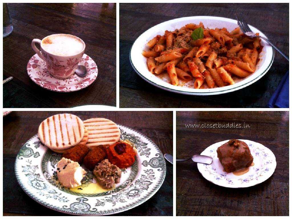 Clockwise from top left: Soy Cappuccino, Penne Arabiatta, Spiced Carrot Cake, Falafel Platter