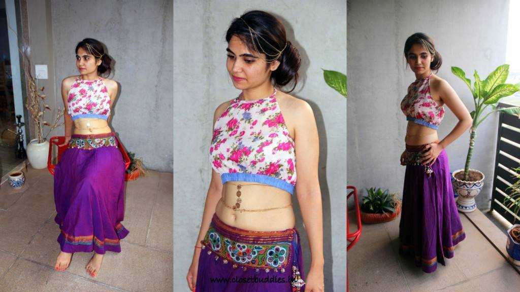 Riya is wearing a floral crop top as choli with a traditional chainya. A side bun and delicate chains around her head and waist look exquisite don't they?